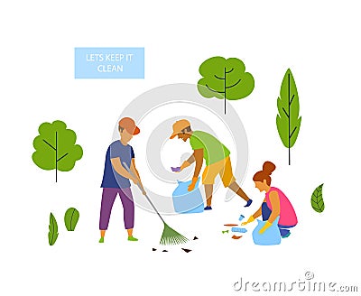 Young people volunteers cleaning up the park isolated vector graphic Vector Illustration