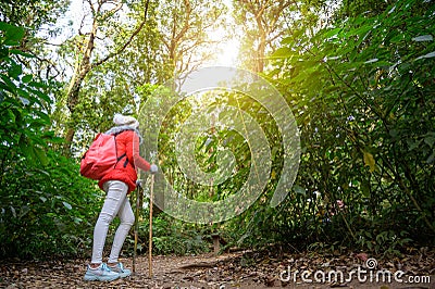 Young people walking on a hilltop in Doi Inthanon, Chiang Mai, Thailand Stock Photo