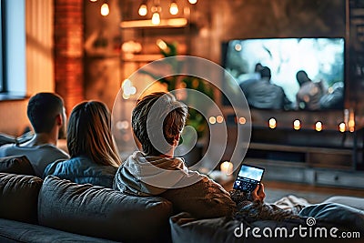 Young people watching movies on TV sitting on sofa in living room. Back view Stock Photo