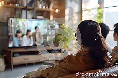 Young people watching movies on TV sitting on sofa in living room. Back view Stock Photo