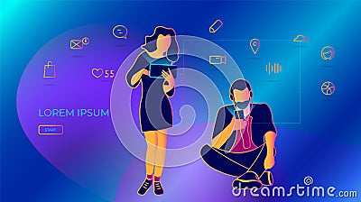 Young people write messages using a smartphone. vector illustration of social networks, sending e-mail and text messages Vector Illustration