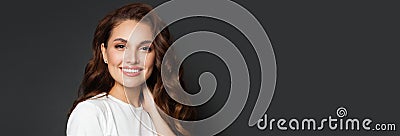 Young perfect woman face on gray banner background with copy space Stock Photo