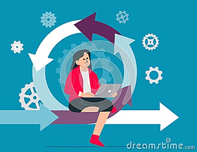 Young person with laptop checks programs. Product iteration vector illustration concept Vector Illustration