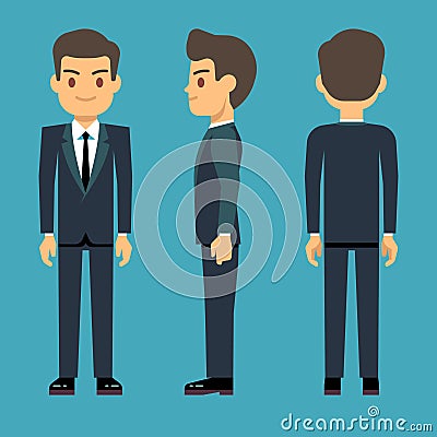 Young person man in three points of view in business, office clothes vector set. Vector Illustration