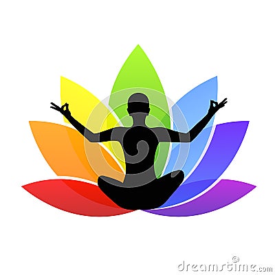 Young person sitting in yoga meditation lotus position silhouette with colorful lily in rainbow colors Vector Illustration