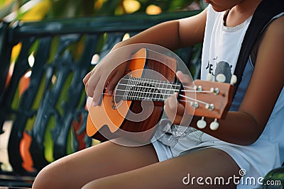 young person strumming a ukulele while seated on a bench Stock Photo