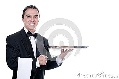 Young person in a suit holding an empty tray Stock Photo