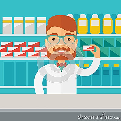 Young pharmacy chemist man standing in drugstore. Cartoon Illustration