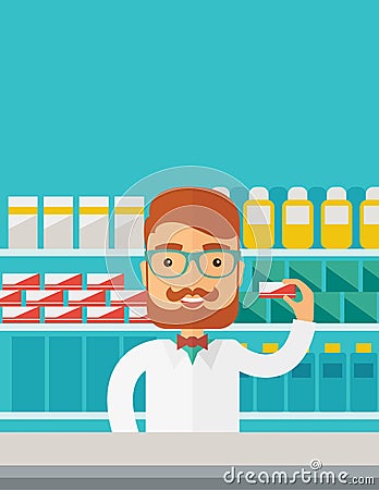 Young pharmacy chemist man standing in drugstore. Cartoon Illustration