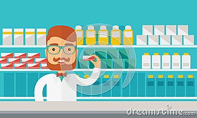 Young pharmacy chemist man standing in drugstore. Cartoon Illustration