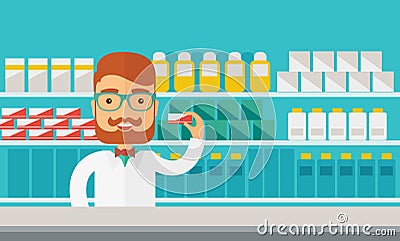 Young pharmacy chemist man standing in drugstore Vector Illustration