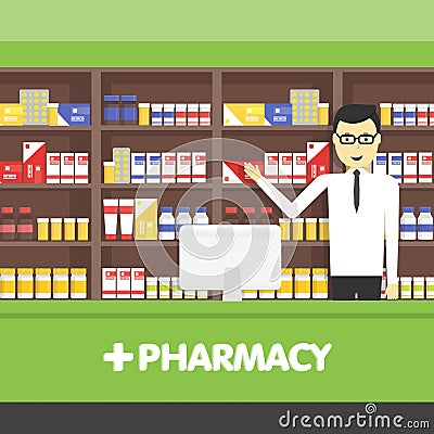 Young pharmacy chemist man standing in drugstore. Vector flat illustrations. Vector Illustration