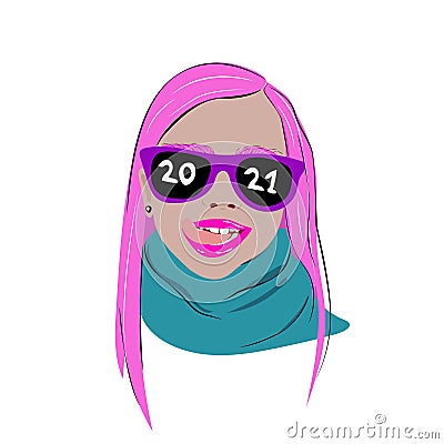 Young pink hair girl wrapped in a scarf wearing sunglasses in a bright frame with the inscription 2021 vector. Vector Illustration