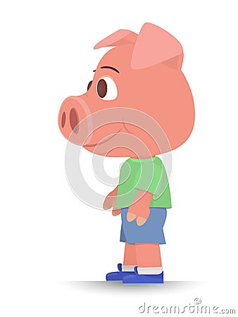 young pink pig in shorts and shirt stands isolated on white background. symbol of the year. flat style Vector Illustration