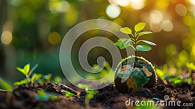 Young Plant Growing on a Mossy Globe Stock Photo