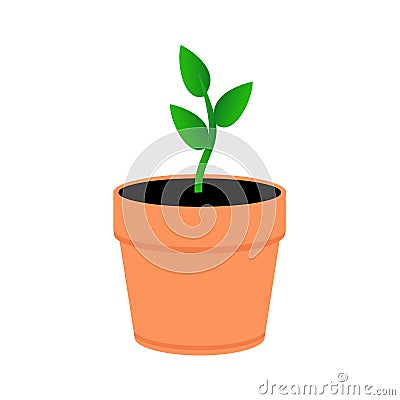 A young plant in an orange pot. Green leaves sprout in pot. Vector Illustration