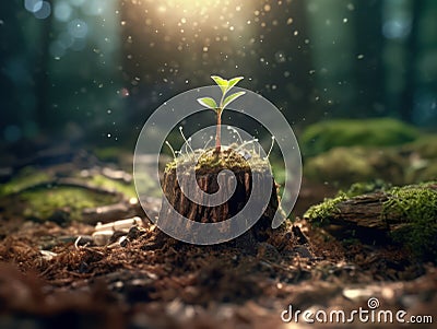 Young plant sprout growing inside a dead wood trunk Cartoon Illustration