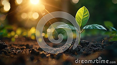 young plant sprouting from the soil under sunlight, Stock Photo