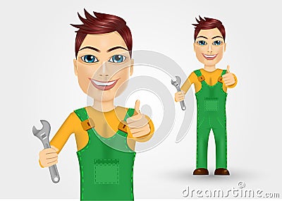 Young plumber dressed in green work clothes Vector Illustration