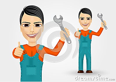 Young plumber dressed in work clothes Vector Illustration
