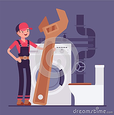 Young plumber, emergency plumbing service, sanitary toilet work, bathroom fitting Vector Illustration