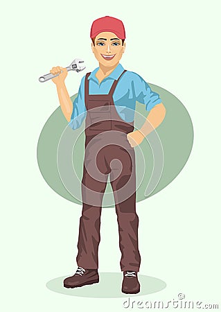 Young plumber or mechanic man with wrench Vector Illustration