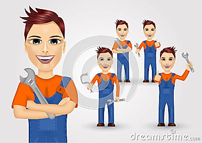 Young plumbers dressed in work clothes Vector Illustration