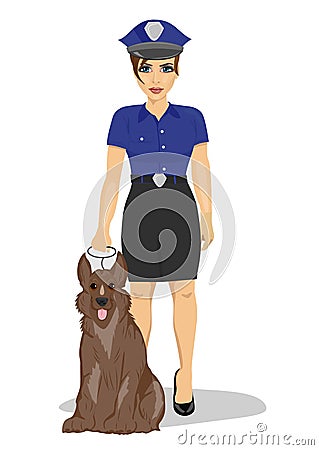 Young policewoman standing with a dog Vector Illustration