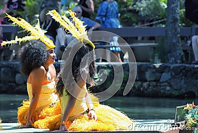 Young Polynesian Performers entertaining visitors at the Polynesian Cultural Center Editorial Stock Photo