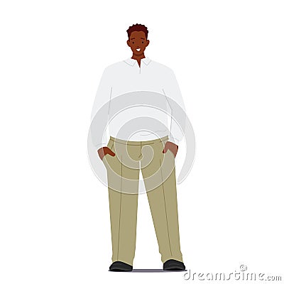 Young Positive African Fashioned Business Man, Single Male Character Wear Shirt and Green Trousers Isolated on White Vector Illustration