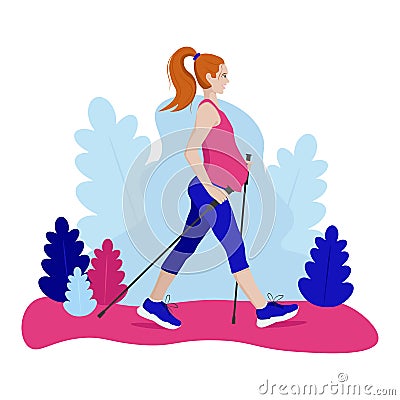 Young pregnant European woman exercise Nordic walking in park Stock Photo