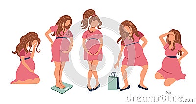 Young pregnant woman in different difficult situations. Set of expectant mother in uncomfortable position. Flat vector Vector Illustration