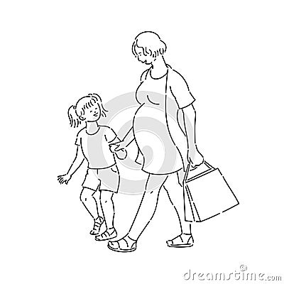 Young pregnant woman goes shopping with daughter. Walk mom child teenager in summer time vector line art black white Vector Illustration