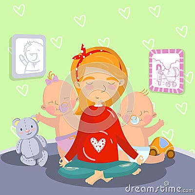 Young pregnant woman relaxing in yoga lotus position with her litle kids, mom yoga vector illustration, cartoon style Vector Illustration