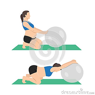 Young pregnant woman in sportswear does sports exercises with transparent fitball training on floor Vector Illustration