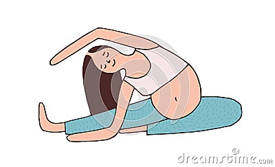 Young pregnant woman stretching her body, doing pregnancy yoga exercise in sitting position. Pilates and fitness for mom Vector Illustration