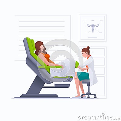 Young pregnant woman or woman is lying in gynecological examination chair during gynecological exam Vector Illustration