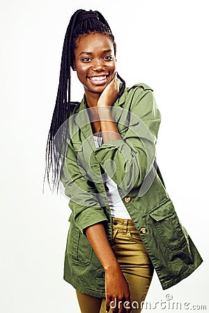 Young pretty african-american girl posing cheerful emotional on white background isolated, lifestyle people concept Stock Photo