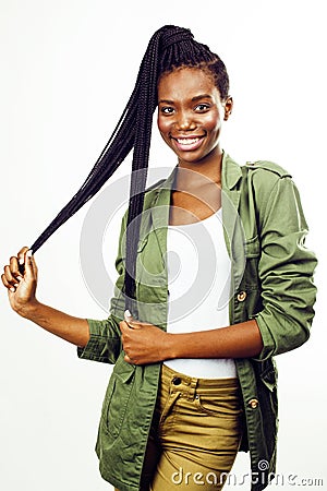 Young pretty african-american girl posing cheerful emotional on white background isolated, lifestyle people concept Stock Photo