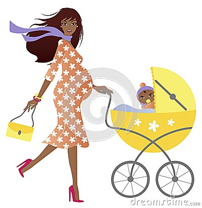 Young African pregnant woman with a baby in a pram Vector Illustration