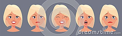 Young pretty blond woman, cute faces with different emotions. Cartoon beautiful girl. Vector Illustration