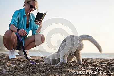 Young pretty blond woman, taking picture on her phone of her small husky puppy. Owner and the light grey dog, playing on the sandy Stock Photo