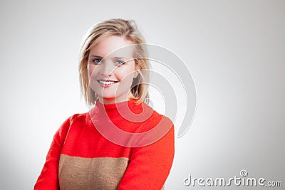 Young Pretty Blonde Orange Sweater Corporate Headshot Stock Photo