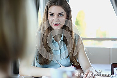 Young pretty business ledy sit in cafe Stock Photo