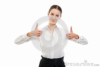 Young pretty bussines woman showing double thumb up gesture Stock Photo