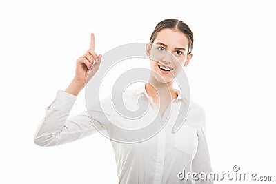 Young pretty bussines woman showing got idea gesture Stock Photo