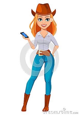 Young pretty farmer woman in cowboy hat Vector Illustration