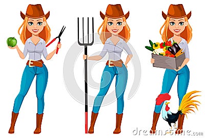 Young pretty farmer woman in cowboy hat Vector Illustration