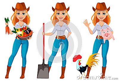 Young pretty farmer woman in cowboy hat Vector Illustration