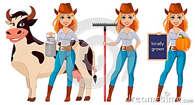 Young pretty farmer woman in cowboy hat Vector Illustration